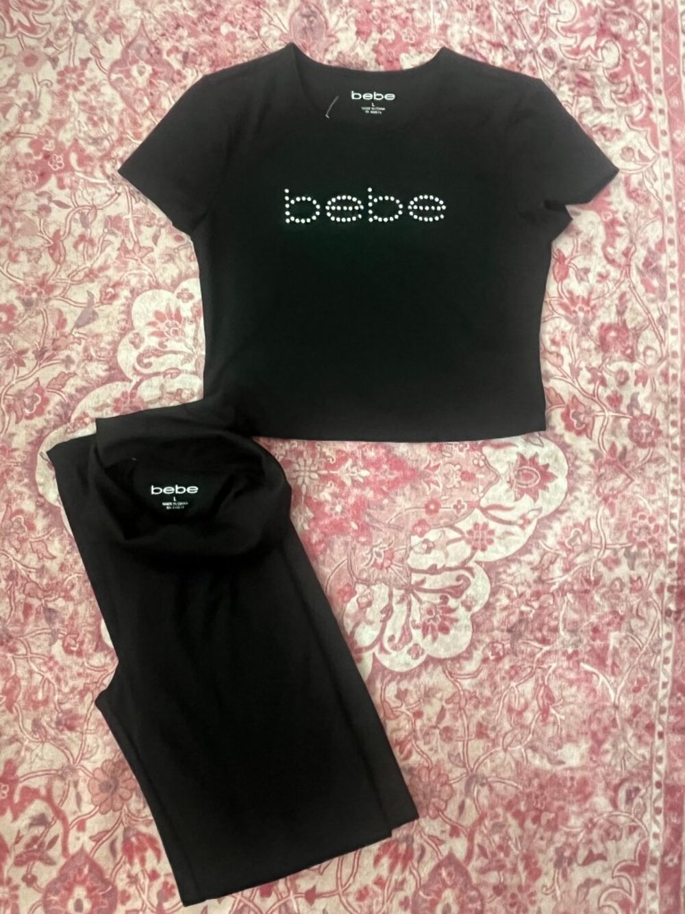 bebe Black Rhinestone Logo Top & Pants Matching Set Y2K
